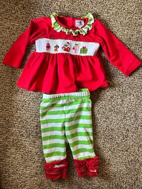 Carolina smock grinch smock Top & Green Stripe Leggings Holiday Set